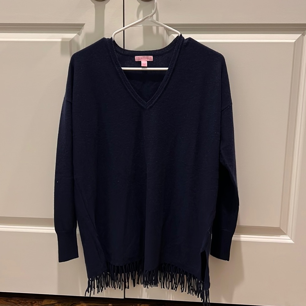 Lilly Pulitzer Navy Fringe Cashmere Sweater